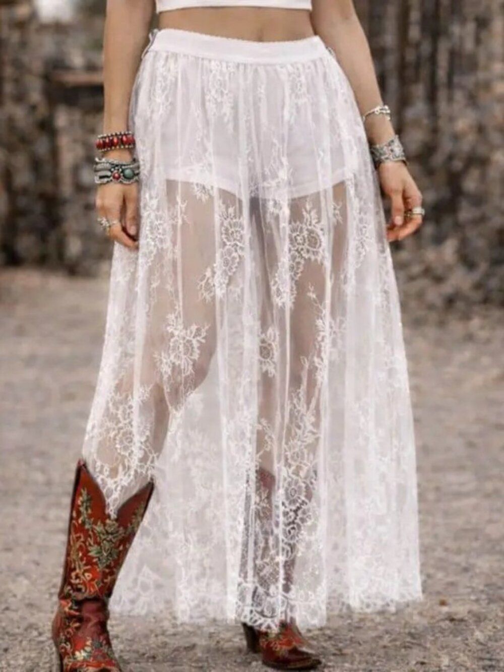White Floral Lace Sheer Maxi Skirt Shorts NWT